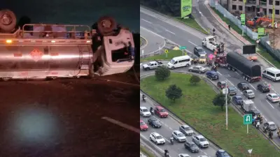 Camión cisterna volcado en vía Cajicá-Zipaquirá genera emergencia por derrame de combustible