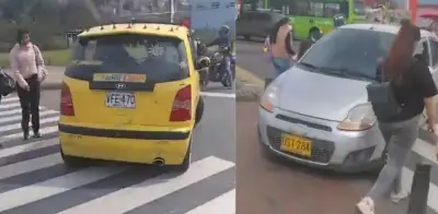 Maniobra peligrosa de taxista y conductor en Bogotá casi atropella peatones