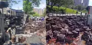 Camión de cerveza se volcó en Bello, Antioquia: saqueo masivo de la carga